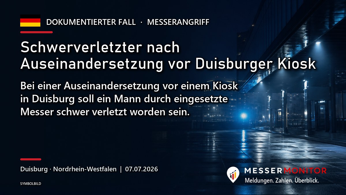 Titelgrafik: Schwerverletzter nach Auseinandersetzung vor Duisburger Kiosk. Bei einer Auseinandersetzung vor einem Kiosk in Duisburg soll ein Mann durch eingesetzte Messer schwer verletzt worden sein..