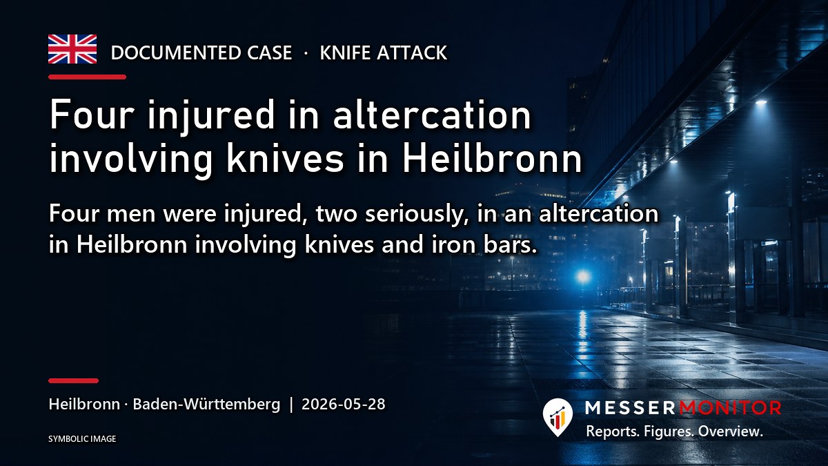 Title image: Four injured in altercation involving knives in Heilbronn. Four men were injured, two seriously, in an altercation in Heilbronn involving knives and iron bars..