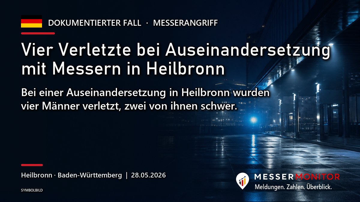 Titelgrafik: Vier Verletzte bei Auseinandersetzung mit Messern in Heilbronn. Bei einer Auseinandersetzung in Heilbronn wurden vier Männer verletzt, zwei von ihnen schwer..
