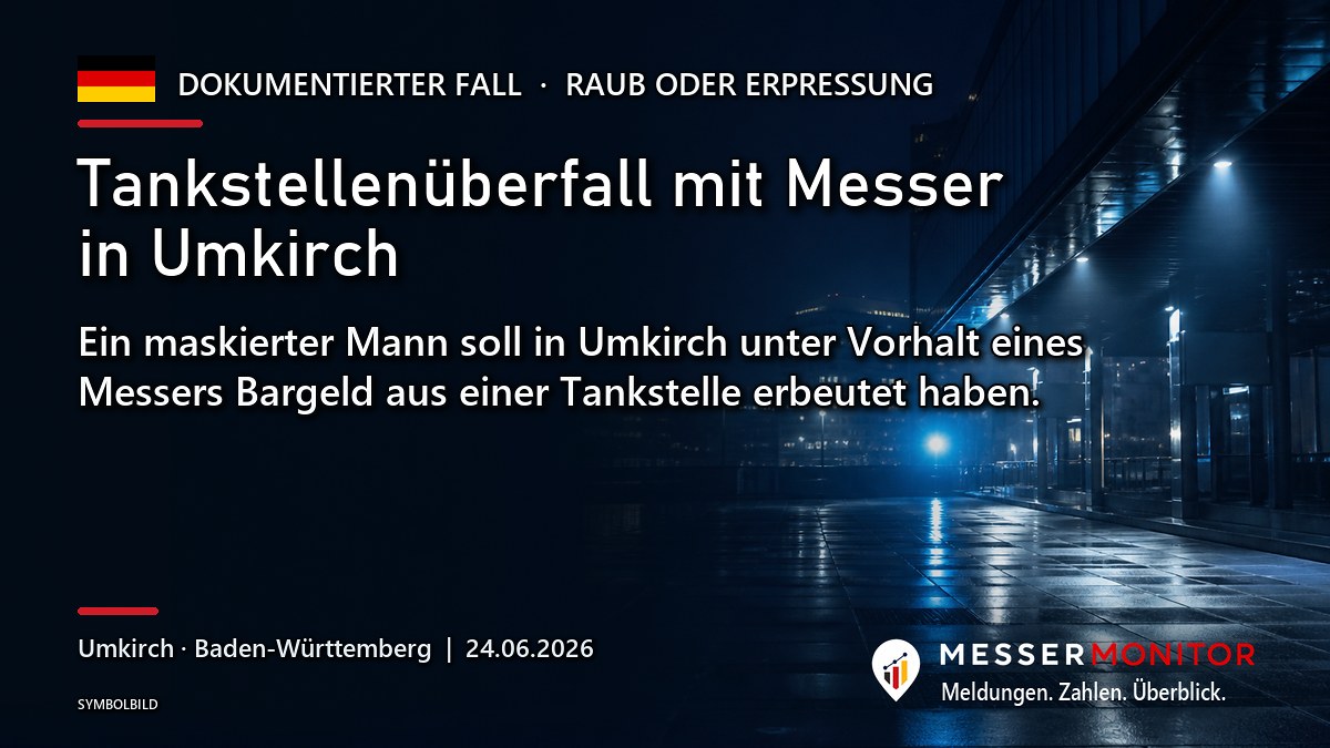 Titelgrafik: Tankstellenüberfall mit Messer in Umkirch. Ein maskierter Mann soll in Umkirch unter Vorhalt eines Messers Bargeld aus einer Tankstelle erbeutet haben..