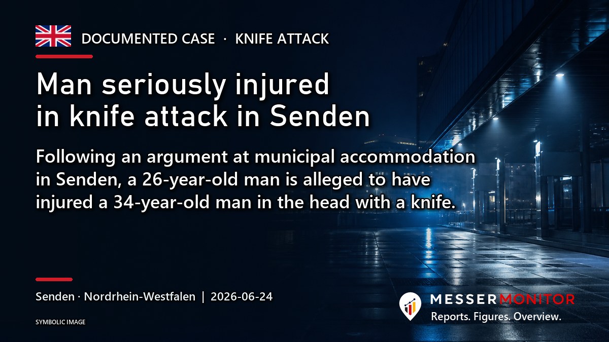 Title image: Man seriously injured in knife attack in Senden. Following an argument at municipal accommodation in Senden, a 26-year-old man is alleged to have injured a 34-year-old man in the head with a knife..