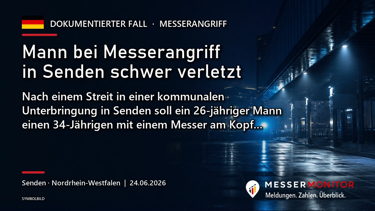 Titelgrafik: Mann bei Messerangriff in Senden schwer verletzt. Nach einem Streit in einer kommunalen Unterbringung in Senden soll ein 26-jähriger Mann einen 34-Jährigen mit einem Messer am Kopf….