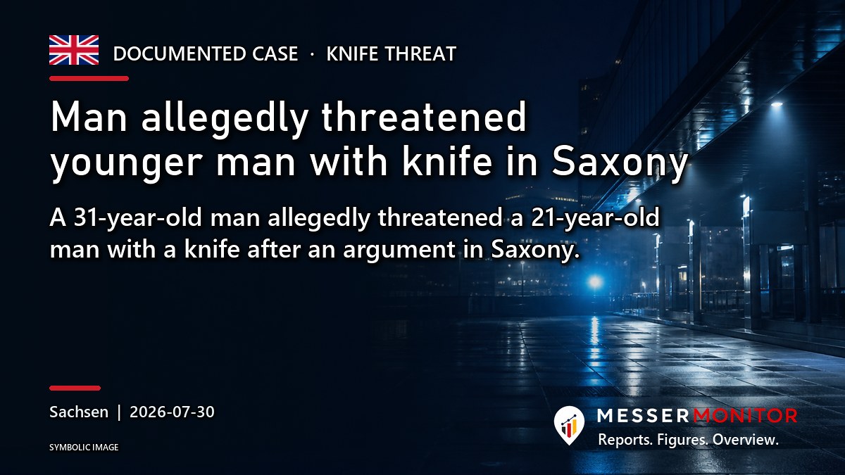 Title image: Man allegedly threatened younger man with knife in Saxony. A 31-year-old man allegedly threatened a 21-year-old man with a knife after an argument in Saxony..