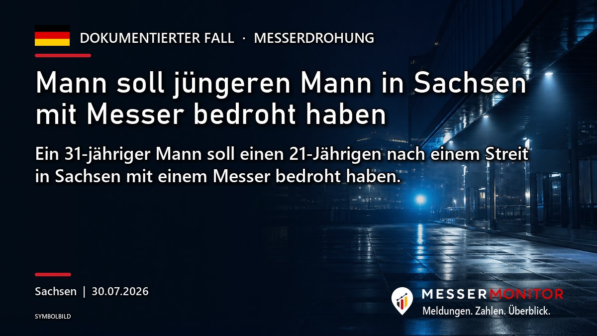 Titelgrafik: Mann soll jüngeren Mann in Sachsen mit Messer bedroht haben. Ein 31-jähriger Mann soll einen 21-Jährigen nach einem Streit in Sachsen mit einem Messer bedroht haben..