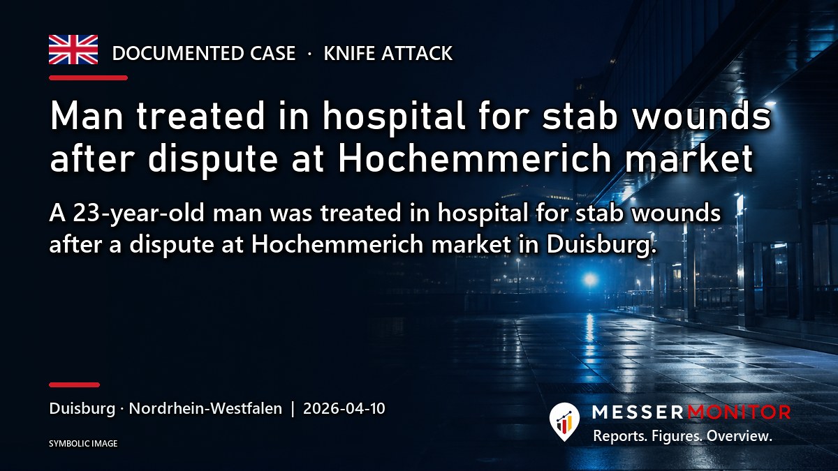 Title image: Man treated in hospital for stab wounds after dispute at Hochemmerich market. A 23-year-old man was treated in hospital for stab wounds after a dispute at Hochemmerich market in Duisburg..