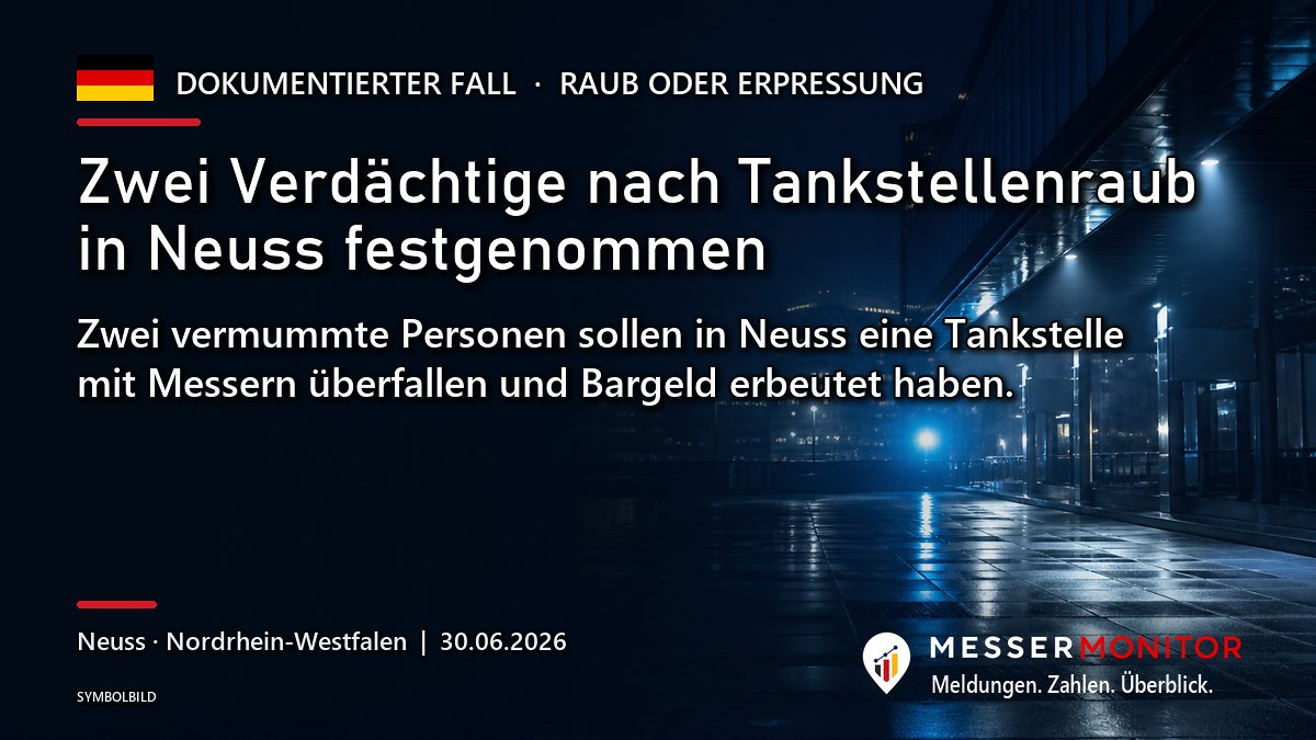 Titelgrafik: Zwei Verdächtige nach Tankstellenraub in Neuss festgenommen. Zwei vermummte Personen sollen in Neuss eine Tankstelle mit Messern überfallen und Bargeld erbeutet haben..