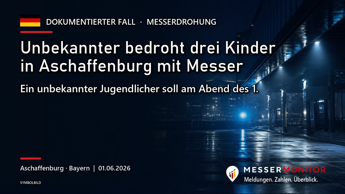 Titelgrafik: Unbekannter bedroht drei Kinder in Aschaffenburg mit Messer. Ein unbekannter Jugendlicher soll am Abend des 1..