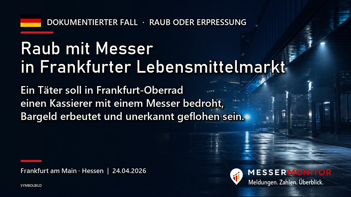 Titelgrafik: Raub mit Messer in Frankfurter Lebensmittelmarkt. Ein Täter soll in Frankfurt-Oberrad einen Kassierer mit einem Messer bedroht, Bargeld erbeutet und unerkannt geflohen sein..