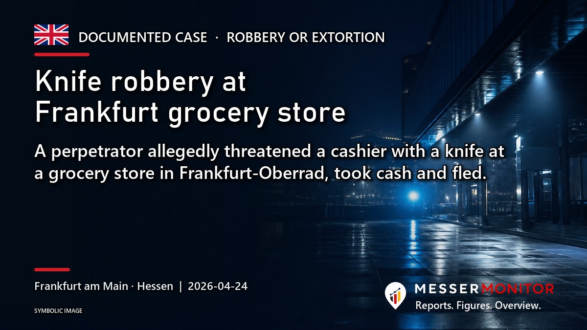 Title image: Knife robbery at Frankfurt grocery store. A perpetrator allegedly threatened a cashier with a knife at a grocery store in Frankfurt-Oberrad, took cash and fled..