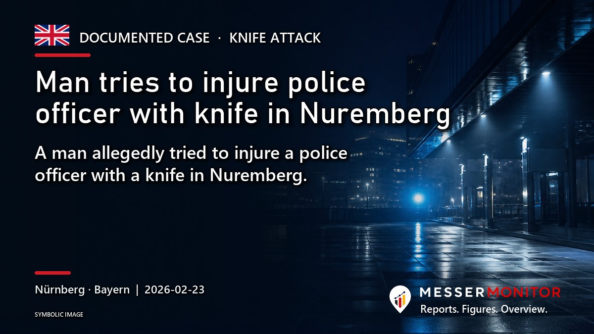 Title image: Man tries to injure police officer with knife in Nuremberg. A man allegedly tried to injure a police officer with a knife in Nuremberg..