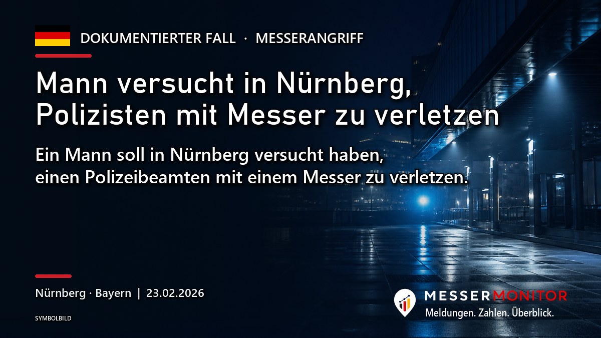 Titelgrafik: Mann versucht in Nürnberg, Polizisten mit Messer zu verletzen. Ein Mann soll in Nürnberg versucht haben, einen Polizeibeamten mit einem Messer zu verletzen..