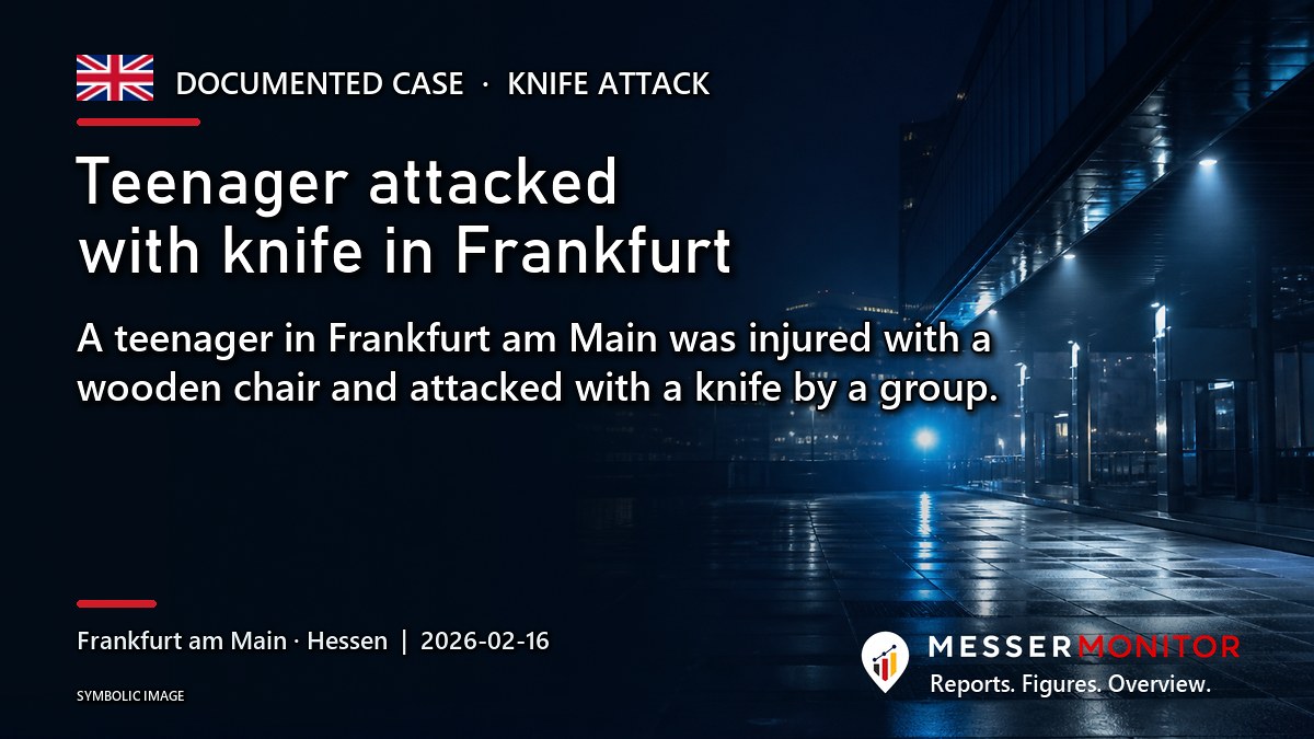 Title image: Teenager attacked with knife in Frankfurt. A teenager in Frankfurt am Main was injured with a wooden chair and attacked with a knife by a group..