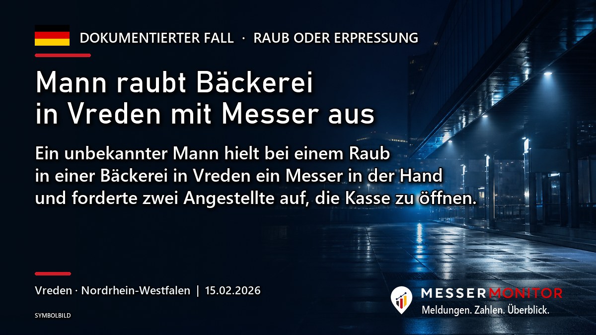 Titelgrafik: Mann raubt Bäckerei in Vreden mit Messer aus. Ein unbekannter Mann hielt bei einem Raub in einer Bäckerei in Vreden ein Messer in der Hand und forderte zwei Angestellte auf, die Kasse zu öffnen..