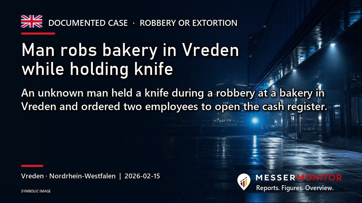 Title image: Man robs bakery in Vreden while holding knife. An unknown man held a knife during a robbery at a bakery in Vreden and ordered two employees to open the cash register..