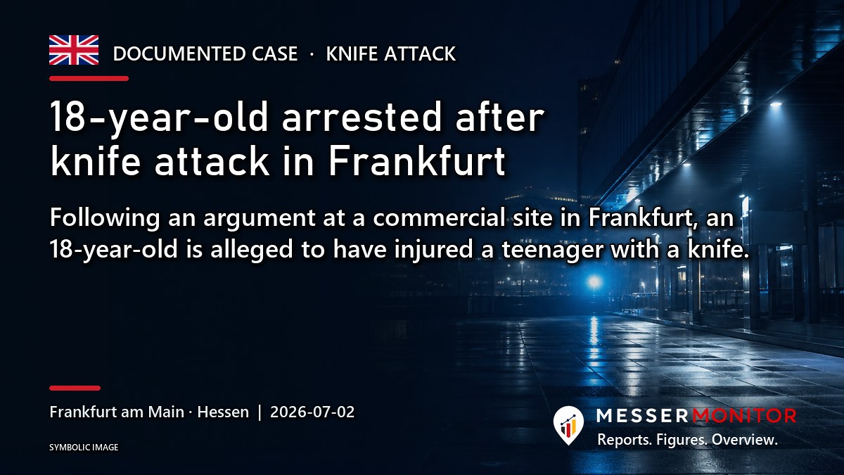 Title image: 18-year-old arrested after knife attack in Frankfurt. Following an argument at a commercial site in Frankfurt, an 18-year-old is alleged to have injured a teenager with a knife..