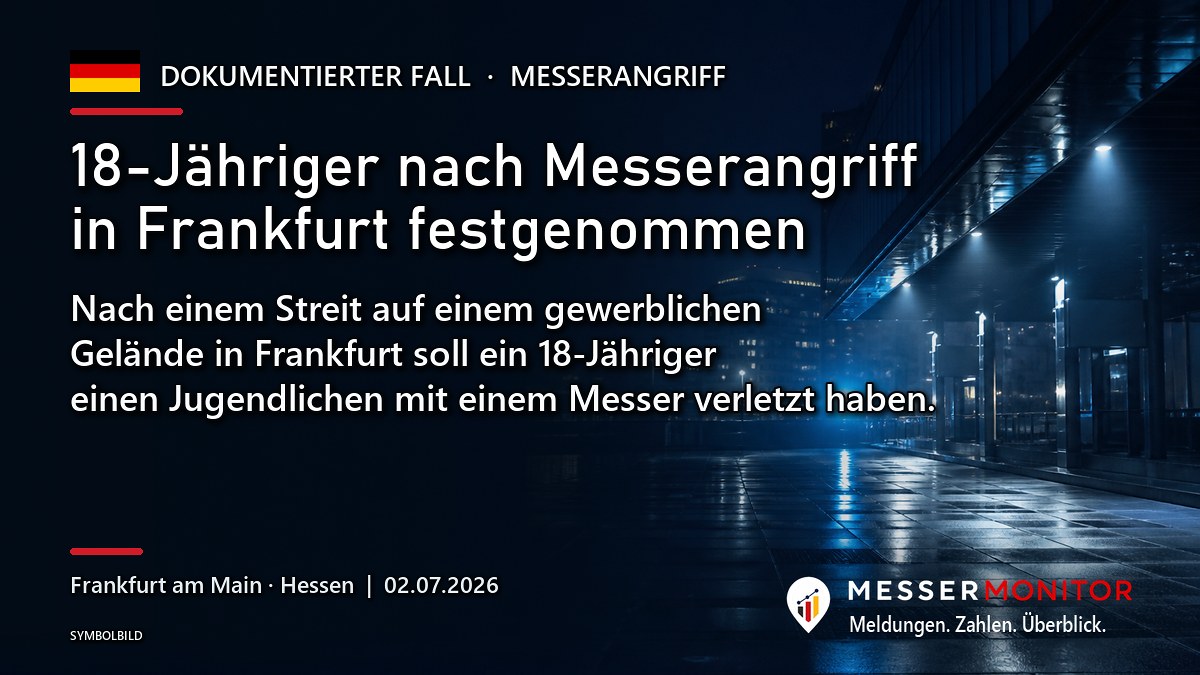 Titelgrafik: 18-Jähriger nach Messerangriff in Frankfurt festgenommen. Nach einem Streit auf einem gewerblichen Gelände in Frankfurt soll ein 18-Jähriger einen Jugendlichen mit einem Messer verletzt haben..