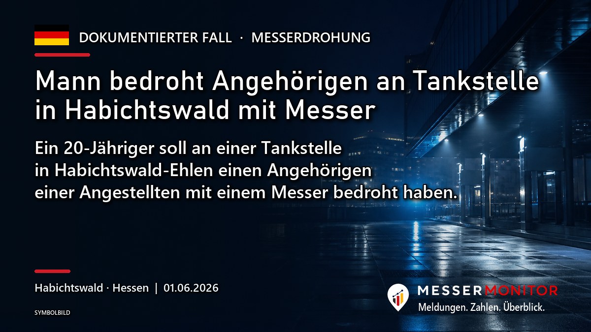Titelgrafik: Mann bedroht Angehörigen an Tankstelle in Habichtswald mit Messer. Ein 20-Jähriger soll an einer Tankstelle in Habichtswald-Ehlen einen Angehörigen einer Angestellten mit einem Messer bedroht haben..