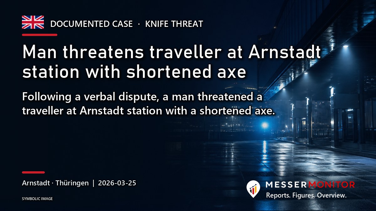 Title image: Man threatens traveller at Arnstadt station with shortened axe. Following a verbal dispute, a man threatened a traveller at Arnstadt station with a shortened axe..