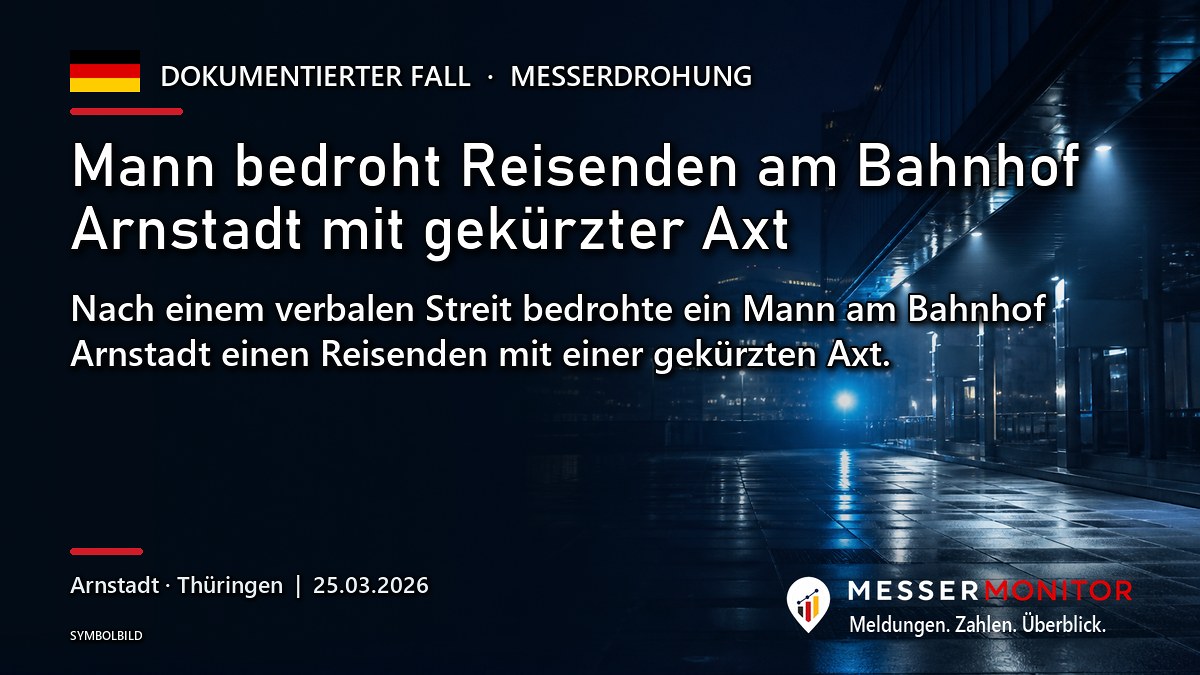 Titelgrafik: Mann bedroht Reisenden am Bahnhof Arnstadt mit gekürzter Axt. Nach einem verbalen Streit bedrohte ein Mann am Bahnhof Arnstadt einen Reisenden mit einer gekürzten Axt..