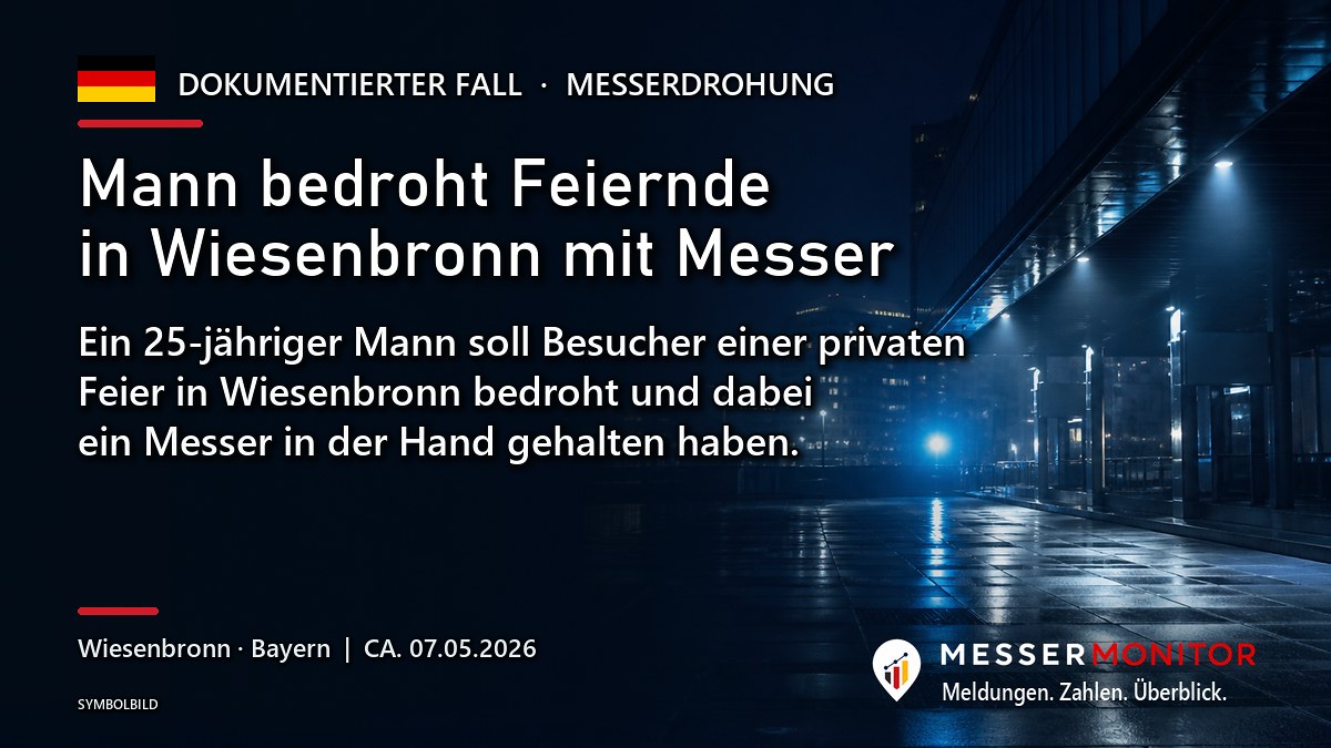 Titelgrafik: Mann bedroht Feiernde in Wiesenbronn mit Messer. Ein 25-jähriger Mann soll Besucher einer privaten Feier in Wiesenbronn bedroht und dabei ein Messer in der Hand gehalten haben..