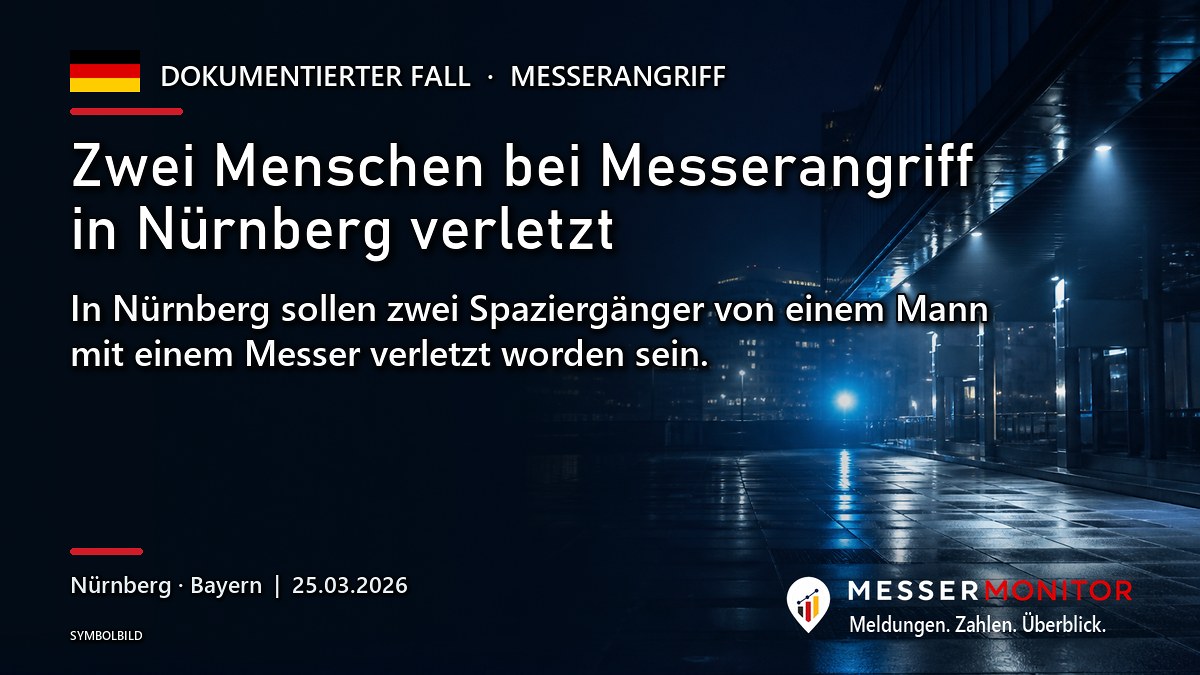 Titelgrafik: Zwei Menschen bei Messerangriff in Nürnberg verletzt. In Nürnberg sollen zwei Spaziergänger von einem Mann mit einem Messer verletzt worden sein..