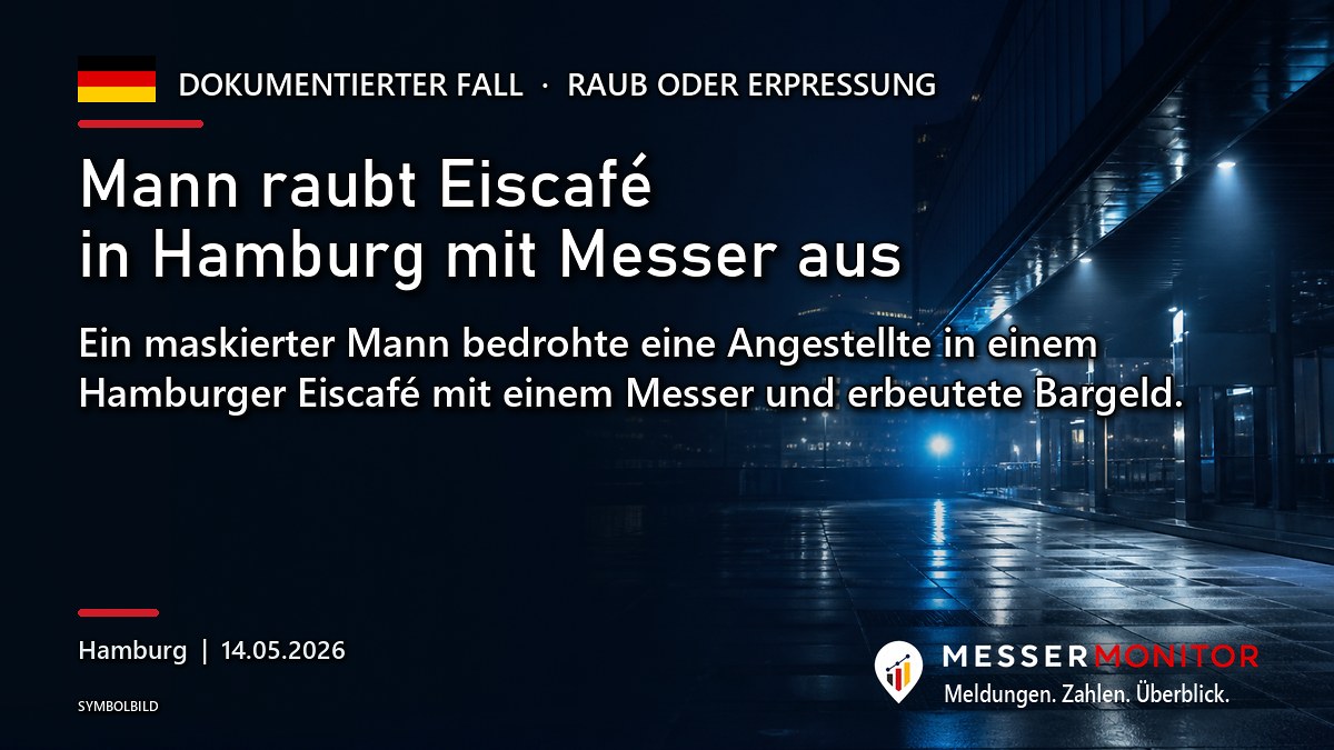 Titelgrafik: Mann raubt Eiscafé in Hamburg mit Messer aus. Ein maskierter Mann bedrohte eine Angestellte in einem Hamburger Eiscafé mit einem Messer und erbeutete Bargeld..
