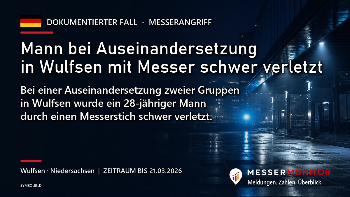 Titelgrafik: Mann bei Auseinandersetzung in Wulfsen mit Messer schwer verletzt. Bei einer Auseinandersetzung zweier Gruppen in Wulfsen wurde ein 28-jähriger Mann durch einen Messerstich schwer verletzt..