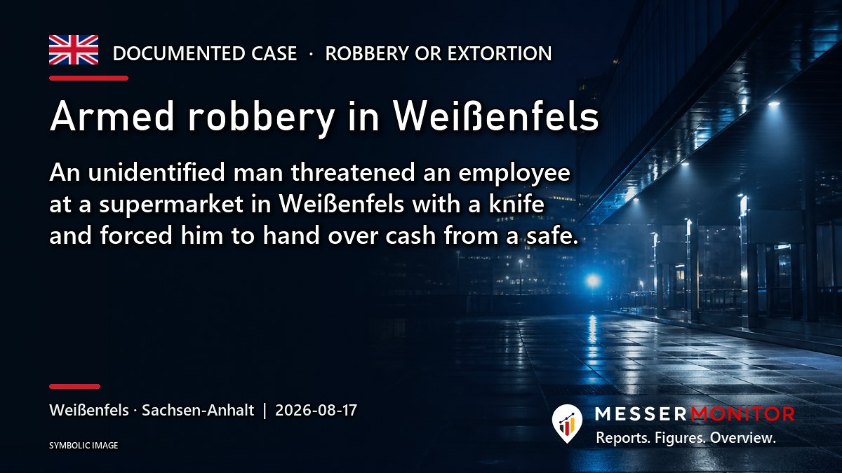 Title image: Armed robbery in Weißenfels. An unidentified man threatened an employee at a supermarket in Weißenfels with a knife and forced him to hand over cash from a safe..