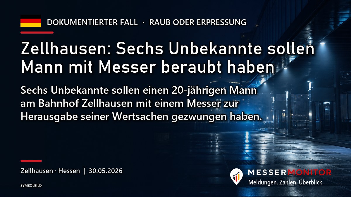 Titelgrafik: Zellhausen: Sechs Unbekannte sollen Mann mit Messer beraubt haben. Sechs Unbekannte sollen einen 20-jährigen Mann am Bahnhof Zellhausen mit einem Messer zur Herausgabe seiner Wertsachen gezwungen haben..