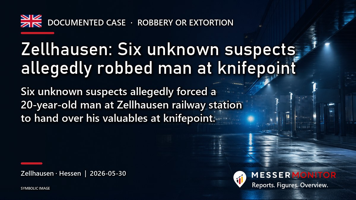 Title image: Zellhausen: Six unknown suspects allegedly robbed man at knifepoint. Six unknown suspects allegedly forced a 20-year-old man at Zellhausen railway station to hand over his valuables at knifepoint..