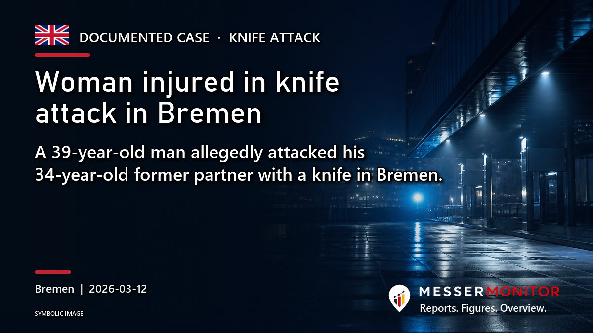 Title image: Woman injured in knife attack in Bremen. A 39-year-old man allegedly attacked his 34-year-old former partner with a knife in Bremen..