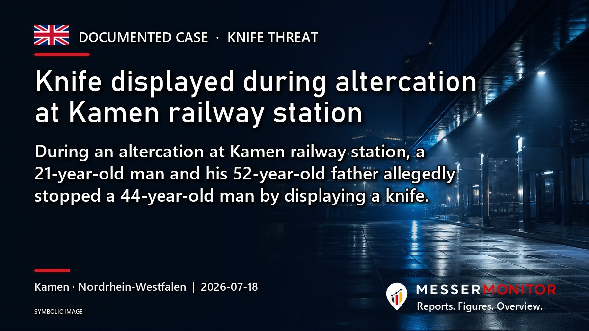 Title image: Knife displayed during altercation at Kamen railway station. During an altercation at Kamen railway station, a 21-year-old man and his 52-year-old father allegedly stopped a 44-year-old man by displaying a knife..