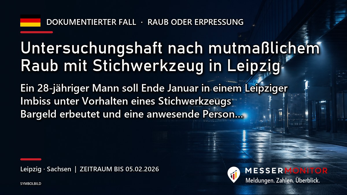 Titelgrafik: Untersuchungshaft nach mutmaßlichem Raub mit Stichwerkzeug in Leipzig. Ein 28-jähriger Mann soll Ende Januar in einem Leipziger Imbiss unter Vorhalten eines Stichwerkzeugs Bargeld erbeutet und eine anwesende Person….