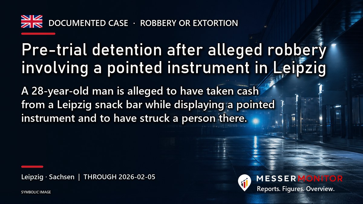 Title image: Pre-trial detention after alleged robbery involving a pointed instrument in Leipzig. A 28-year-old man is alleged to have taken cash from a Leipzig snack bar while displaying a pointed instrument and to have struck a person there..