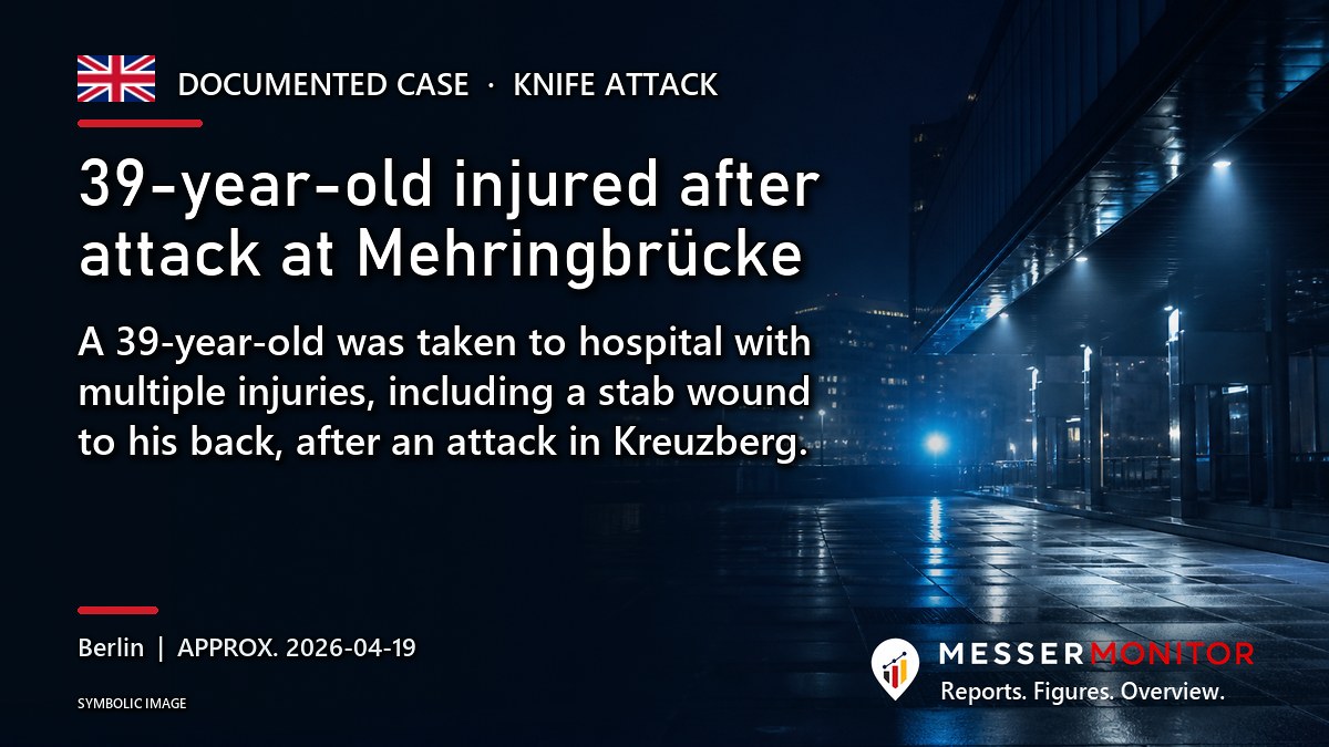 Title image: 39-year-old injured after attack at Mehringbrücke. A 39-year-old was taken to hospital with multiple injuries, including a stab wound to his back, after an attack in Kreuzberg..