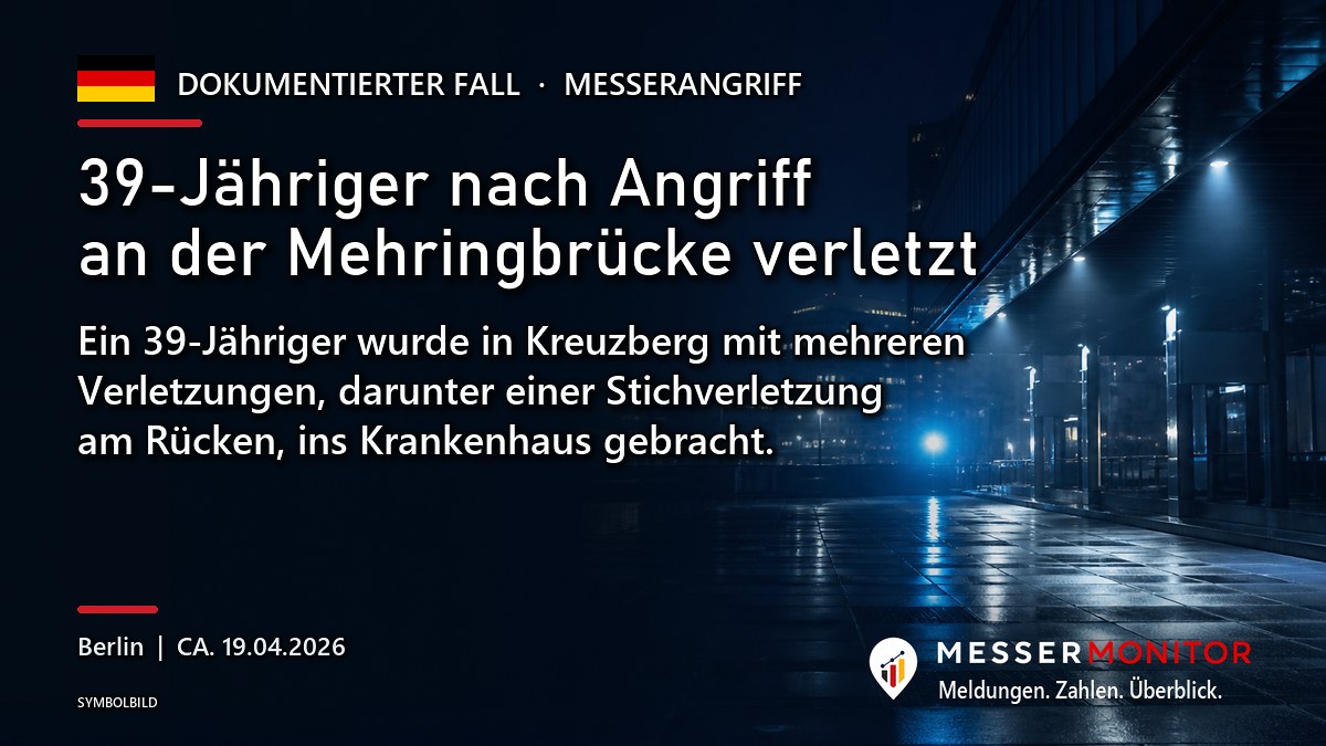 Titelgrafik: 39-Jähriger nach Angriff an der Mehringbrücke verletzt. Ein 39-Jähriger wurde in Kreuzberg mit mehreren Verletzungen, darunter einer Stichverletzung am Rücken, ins Krankenhaus gebracht..