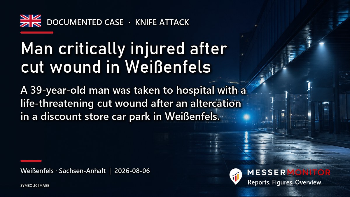 Title image: Man critically injured after cut wound in Weißenfels. A 39-year-old man was taken to hospital with a life-threatening cut wound after an altercation in a discount store car park in Weißenfels..