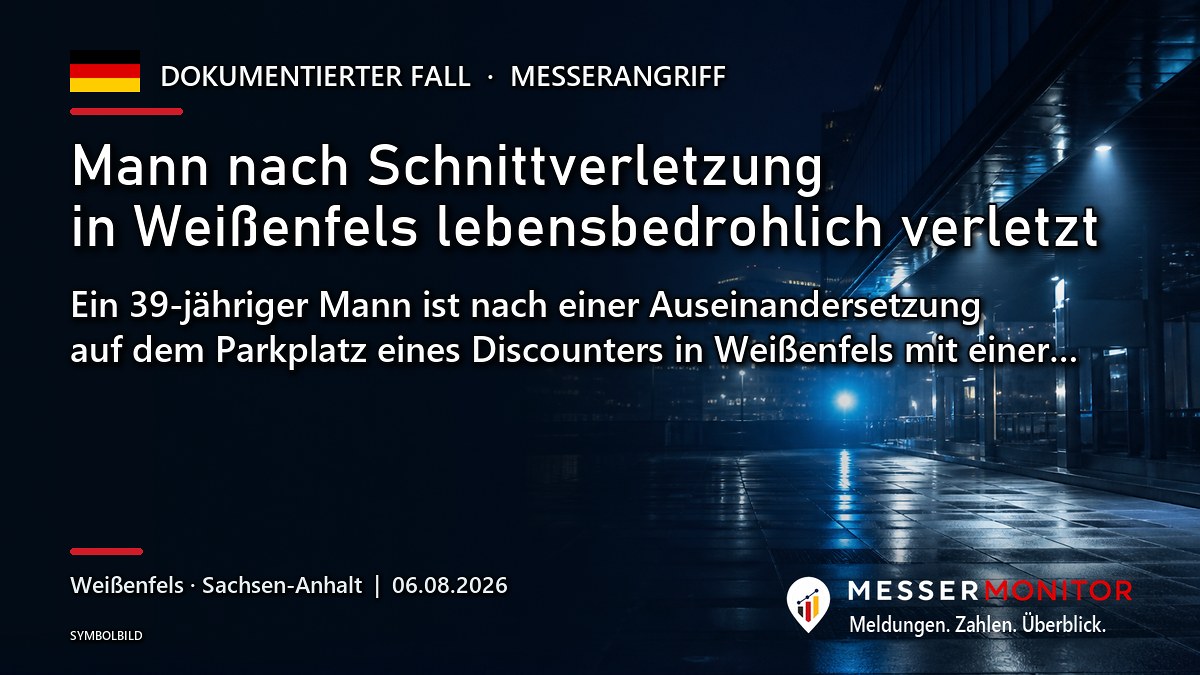 Titelgrafik: Mann nach Schnittverletzung in Weißenfels lebensbedrohlich verletzt. Ein 39-jähriger Mann ist nach einer Auseinandersetzung auf dem Parkplatz eines Discounters in Weißenfels mit einer….