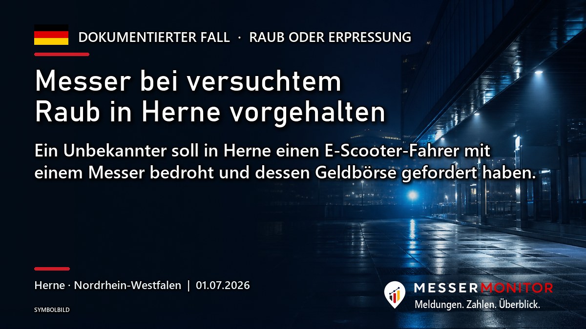 Titelgrafik: Messer bei versuchtem Raub in Herne vorgehalten. Ein Unbekannter soll in Herne einen E-Scooter-Fahrer mit einem Messer bedroht und dessen Geldbörse gefordert haben..