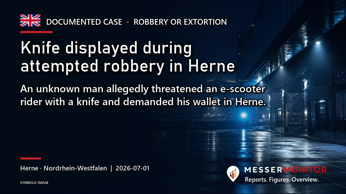 Title image: Knife displayed during attempted robbery in Herne. An unknown man allegedly threatened an e-scooter rider with a knife and demanded his wallet in Herne..