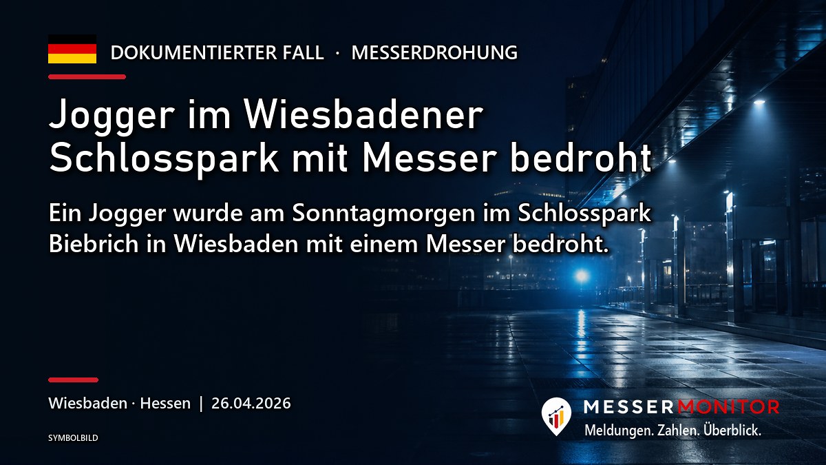 Titelgrafik: Jogger im Wiesbadener Schlosspark mit Messer bedroht. Ein Jogger wurde am Sonntagmorgen im Schlosspark Biebrich in Wiesbaden mit einem Messer bedroht..