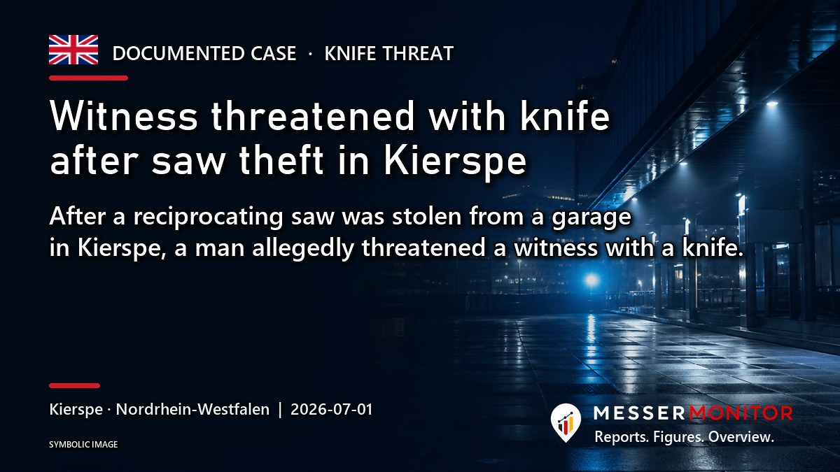Title image: Witness threatened with knife after saw theft in Kierspe. After a reciprocating saw was stolen from a garage in Kierspe, a man allegedly threatened a witness with a knife..