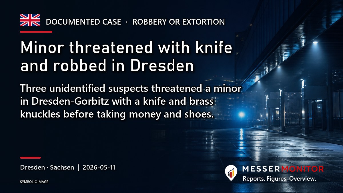 Title image: Minor threatened with knife and robbed in Dresden. Three unidentified suspects threatened a minor in Dresden-Gorbitz with a knife and brass knuckles before taking money and shoes..