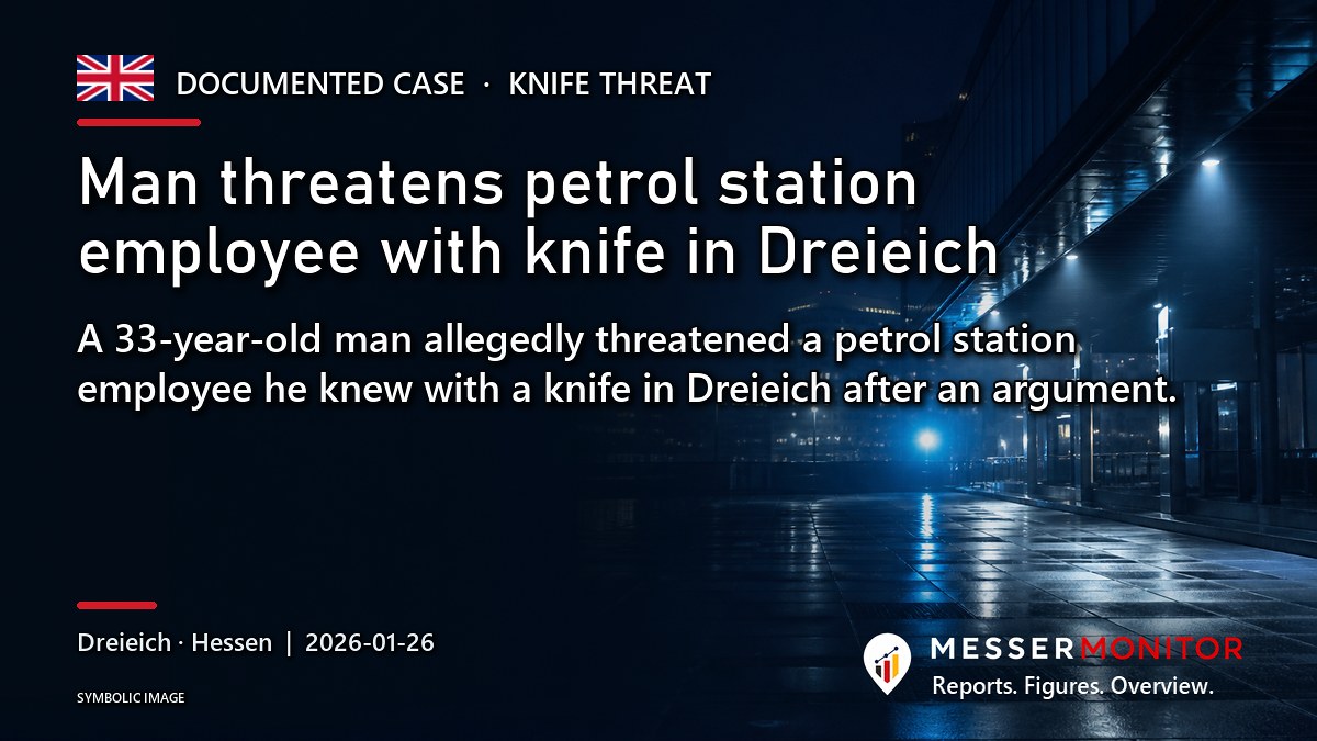 Title image: Man threatens petrol station employee with knife in Dreieich. A 33-year-old man allegedly threatened a petrol station employee he knew with a knife in Dreieich after an argument..