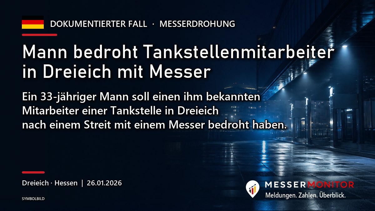 Titelgrafik: Mann bedroht Tankstellenmitarbeiter in Dreieich mit Messer. Ein 33-jähriger Mann soll einen ihm bekannten Mitarbeiter einer Tankstelle in Dreieich nach einem Streit mit einem Messer bedroht haben..