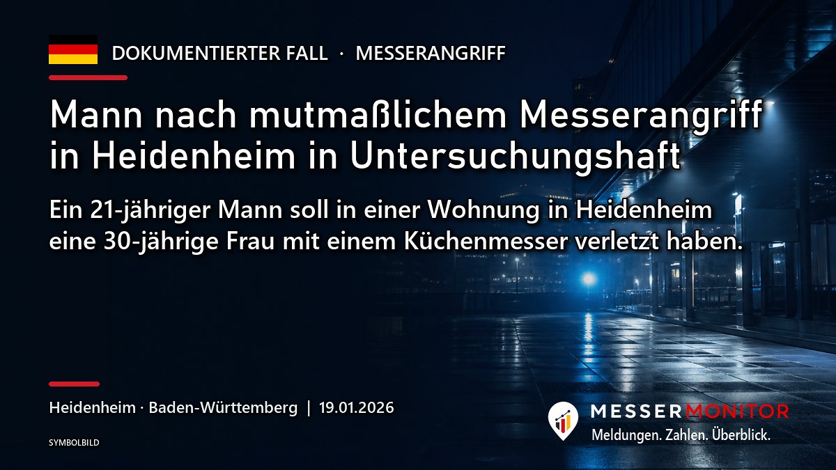 Titelgrafik: Mann nach mutmaßlichem Messerangriff in Heidenheim in Untersuchungshaft. Ein 21-jähriger Mann soll in einer Wohnung in Heidenheim eine 30-jährige Frau mit einem Küchenmesser verletzt haben..