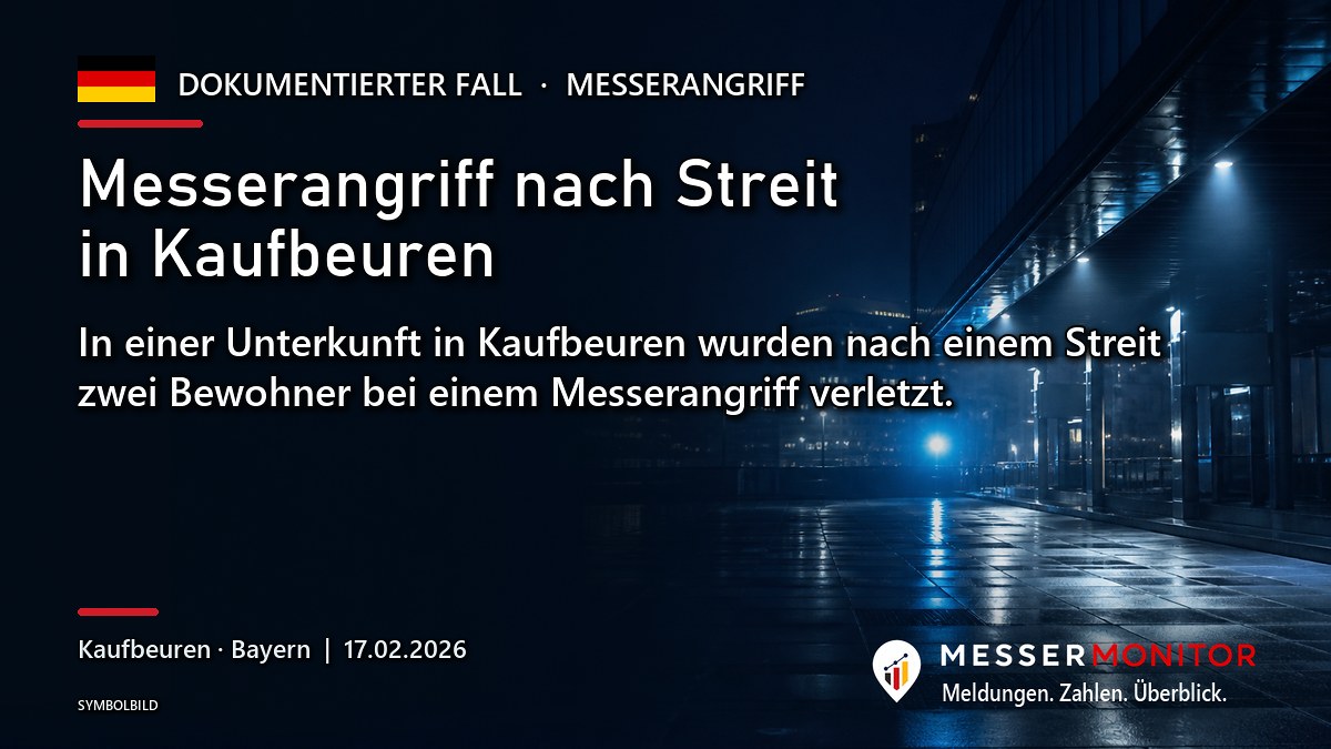 Titelgrafik: Messerangriff nach Streit in Kaufbeuren. In einer Unterkunft in Kaufbeuren wurden nach einem Streit zwei Bewohner bei einem Messerangriff verletzt..