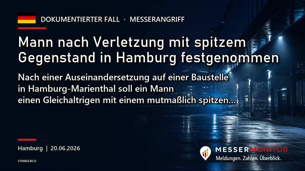 Titelgrafik: Mann nach Verletzung mit spitzem Gegenstand in Hamburg festgenommen. Nach einer Auseinandersetzung auf einer Baustelle in Hamburg-Marienthal soll ein Mann einen Gleichaltrigen mit einem mutmaßlich spitzen….