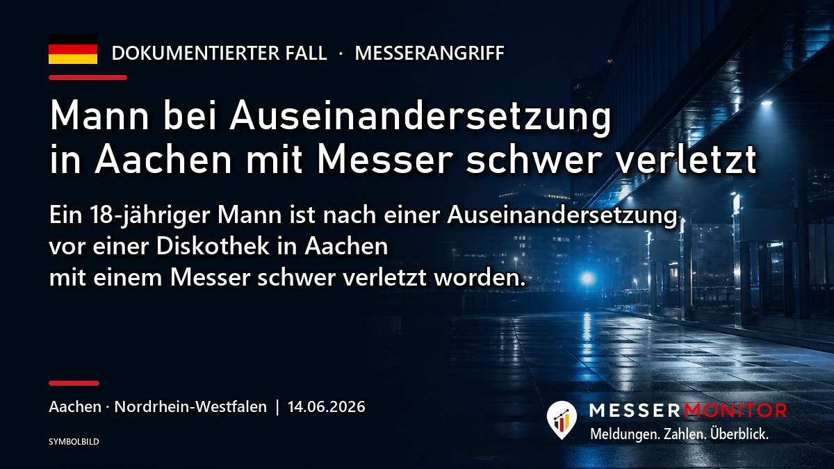 Titelgrafik: Mann bei Auseinandersetzung in Aachen mit Messer schwer verletzt. Ein 18-jähriger Mann ist nach einer Auseinandersetzung vor einer Diskothek in Aachen mit einem Messer schwer verletzt worden..