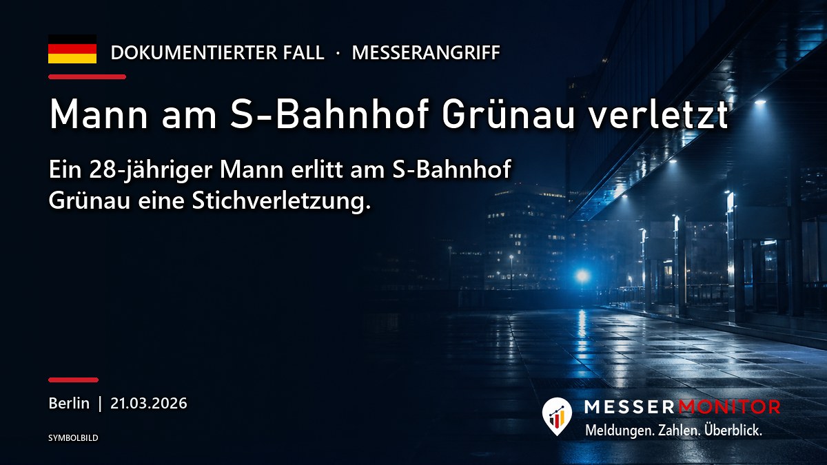 Titelgrafik: Mann am S-Bahnhof Grünau verletzt. Ein 28-jähriger Mann erlitt am S-Bahnhof Grünau eine Stichverletzung..
